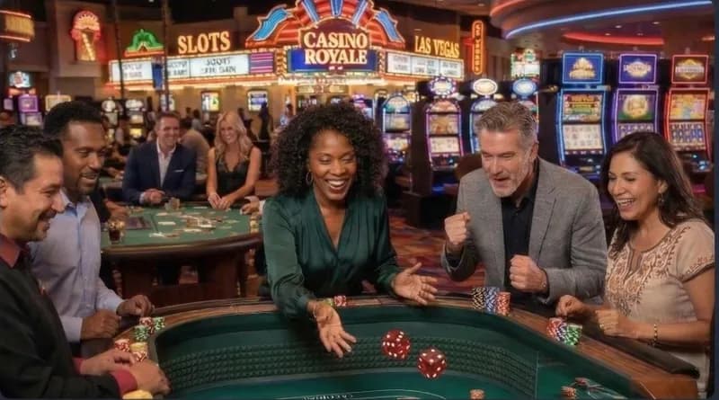 Luxury bus interior with group travelers ready for casino gaming excursion