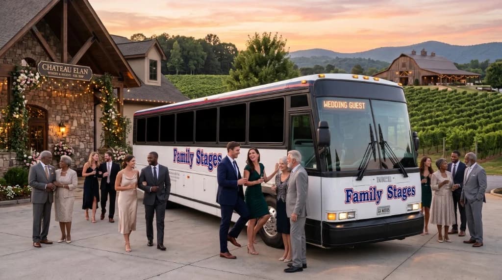 Family Stages luxury charter coach at Chateau Elan for wedding guest transportation